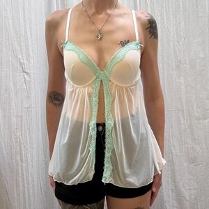 White and Mint Green Lace Babydoll Lingerie Top Small Y2K Passion Forever Sheer